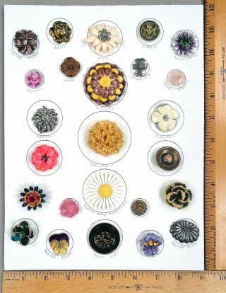 Card Of 25 Vintage & Antique Buttons,  Assorted Flowers 6,  Various Materials