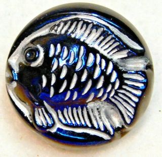 Antique Vtg Button Blue Glass Fish 7/8 S