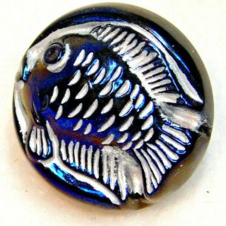 Antique Vtg BUTTON Blue Glass Fish 7/8 S 2