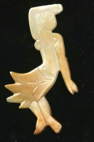 Antique Vtg Button Carved Abalone Shell Realistic Dancer In Grass Skirt C3