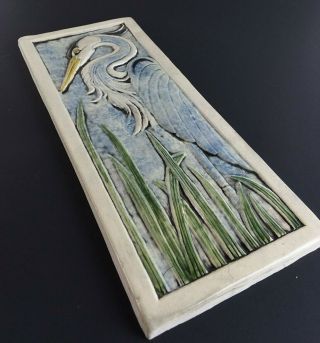 Vintage Art Tile Heron Bird Facing Left Relief Earth Song Shannon Gresham 12x5 6