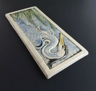 Vintage Art Tile Heron Bird Facing Left Relief Earth Song Shannon Gresham 12x5 7
