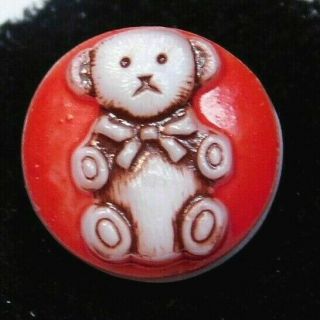 Adorable Teddy Bear Button Vintage Hand Painted In Red 9/16 D