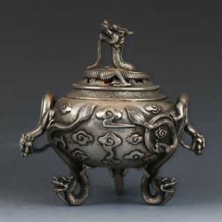 Old Chinese Tibetan Silver Hand - Carved Dragon Incense Burner Xuande Mark