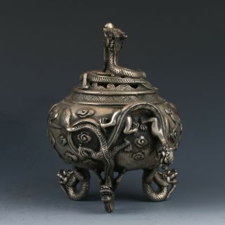 Old Chinese Tibetan Silver Hand - Carved Dragon Incense Burner XuanDe Mark 2