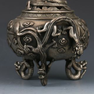 Old Chinese Tibetan Silver Hand - Carved Dragon Incense Burner XuanDe Mark 3