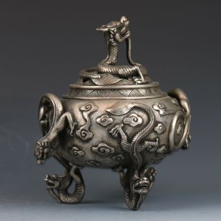 Old Chinese Tibetan Silver Hand - Carved Dragon Incense Burner XuanDe Mark 4