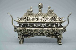 Chinese Old Copper Plating Silver Carved Dragon Buddha Incense Burner E01