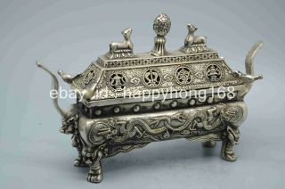 Chinese old copper plating silver Carved Dragon Buddha Incense Burner e01 2