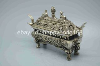 Chinese old copper plating silver Carved Dragon Buddha Incense Burner e01 3