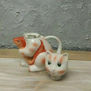 Antique Vintage Chinese Porcelain Tea Pot Figurine Cat with Fish Hand Painted 3