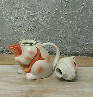 Antique Vintage Chinese Porcelain Tea Pot Figurine Cat with Fish Hand Painted 5