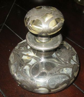 Antique Large Perfume Glass Bottle With Extensive Sterling Silver Overlay