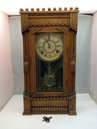 Antique Wm Gilbert Gingerbread Parlor 8 Day Mantle Clock W/ Dial Pendulum