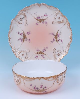 Antique Limoges Large Serving Bowl W/ Liner Platter Ak Porcelain Pink Gold Roses