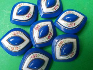 Antique Set Of 7 Blue Glass Navette Shape Buttons Enameled Pink Roses 1 1/4 "