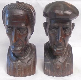 Jose Alberdi Carved Wood Folk Art Busts Of Man And Woman Couple Bookends