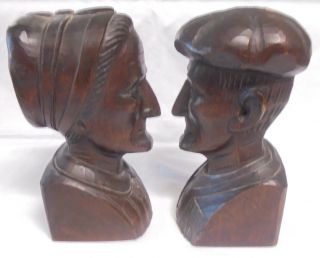 Jose Alberdi Carved Wood Folk Art Busts of Man and Woman Couple Bookends 4