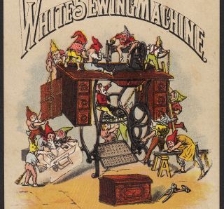 Antique White Sewing Machine Gnome Elf Workshop Victorian Advertising Trade Card