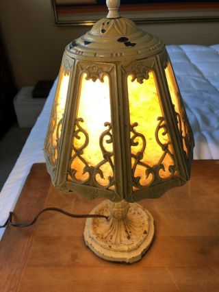 Antique Art Nouveau 8 Panel Slag Glass Boudoir Table Lamp