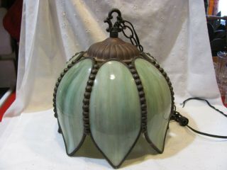 Vintage Green Slag Glass Tulip Panel Shade Hanging Lamp
