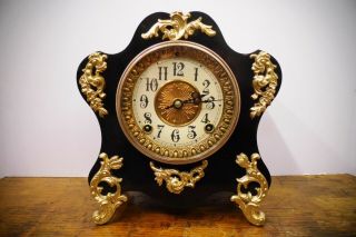 Antique Ansonia " Savoy " Mantel Clock C.  1904 - Running - 8 Day T/s - Iron Case