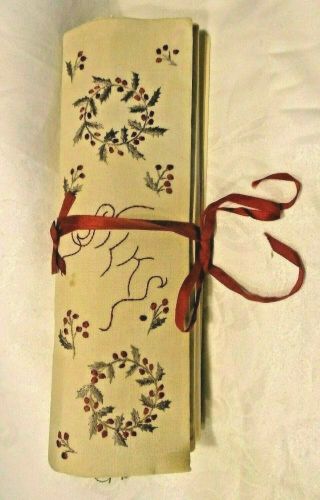 Antique Linen Embroidered " Silks " Embroidery Thread Holder - Holly Pattern