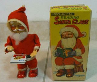 60s Early Vintage Tin Litho Wind - Up Mechanical Reading Santa Claus