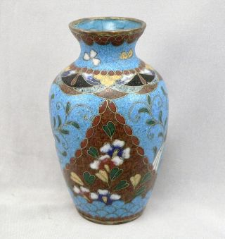 Antique Japanese Cloisonne Small Vase Red Blue Floral Design 3.  5 " Tall Vintage