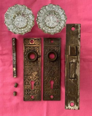 Vintage,  Antique Victorian Glass Door Knob Set W/ Mortise Lock,  Brass Backplates