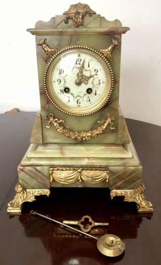 Antique French A.  D Mougin Green Onyx And Ormolu Mantel Clock