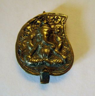 Fine Antique Indian Brass Spice Box With Ganesh On The Lid: Small 6 Cm Long