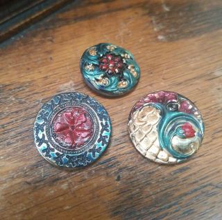3 Stunning 7/8 " Antique Czech Black Glass Painted Buttons,  Reds,  Golds And Green