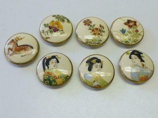 7 Vintage Antique Satsuma Porcelain Button Geisha Lady Flower Deer 1 1/8 "