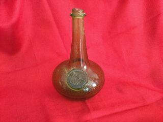 Antique Hand Blown Green Glass Bottle With Seal