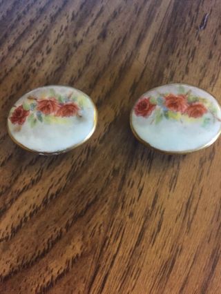 Antique Hand Painted Roses Flowers Porcelain Large Button Matching Pair