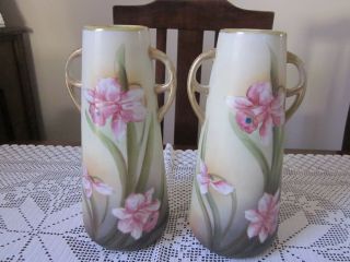 Antique I E & C Co Japan Hand Painted Daffodils Mantle Vases