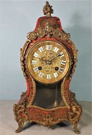 Antique French Boulle & Red Shell Brass Inlaid Mantel Clock By S.  Marti 1860s