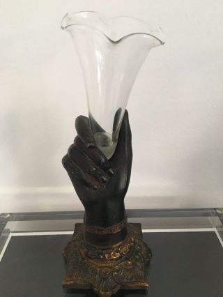 Antique Victorian Blackamoor Hand Metal & Glass Bud Vase