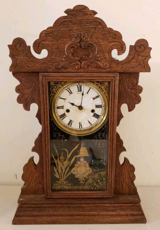 Antique Waterbury Victorian Carved Oak Gingerbread Parlor Mantel Clock