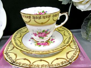 Regency Tea Cup And Saucer Trio Pink Roses Gold Gilt Teacup Gold Garland Yellow