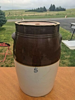 Antique 5 Two Toned Stoneware Crock Butter Churn W/ Lid