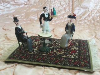 VINTAGE LEAD METAL TOY FIGURES PARIS BISTRO SCENE WAITER COUPLE AT TABLE 4 pc 4