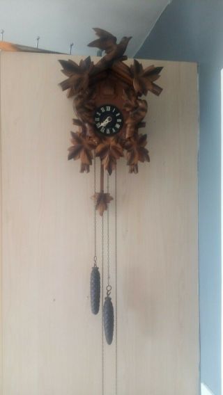 Vintage German Cuckoo Clock Black Forest Carved Wood Forestall Weights Pediment