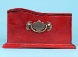 Red Chinese Leather Wood Jewelry Box Flower Bird Painting Gift Dowry Mirror X