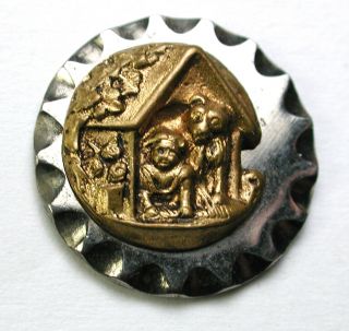 Bb Antique Button Brass Boy & Dog In Doghouse On Scallop Edge Steel Disc - 11/16 "