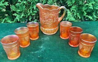 Vintage Northwood Grape & Cable Carnival Glass 7 Pc.  Water Set Marigold Exc