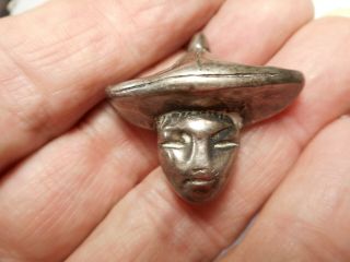 Asian Man Head Only In Hat Silver Metalized Plastic Vintage Button 1 - 1/4 " Rs