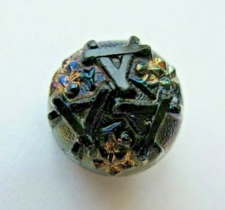 Dazzling Antique Vtg Victorian Black Glass Button W/ Carnival Luster 1/2 " (z)