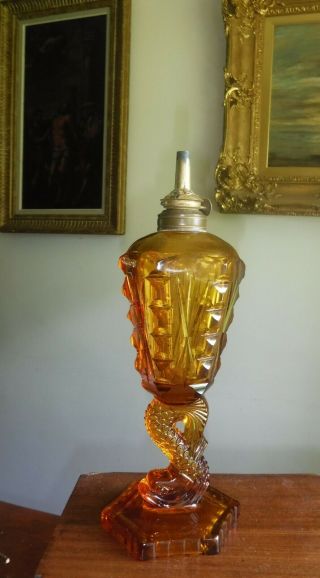 Antique Amber Glass Whale Oil Lamp With Fish Base Burner E.  Miller & Co.  U.  S.  A.